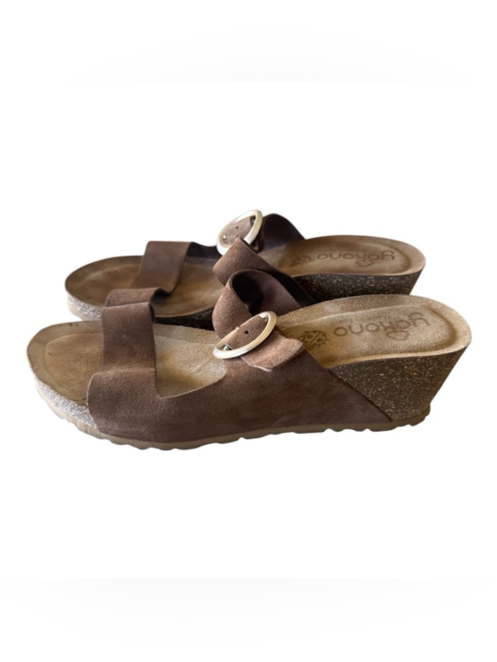 Yokono Made in Spain Brown Suede Big Buckle Wedge Sandals - Size 9